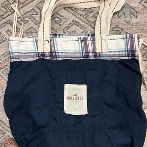 Y2K Hollister Navy and Plaid Canvas Tote Reversible
